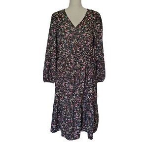 Dark Cottage Core Floral Long Sleeve Faux Wrap Chest Midi Dress Women's Medium